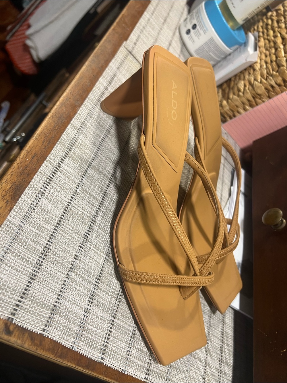 ALDO Camel Tan Strappy Square-Toe Heeled Sandals - Picture 2 of 3